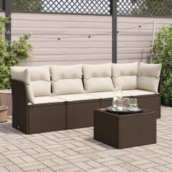 5 Pcs conjunto sofás p/ jardim c/ almofadões vime PE castanho