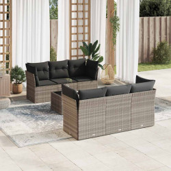 7 Pcs conj. sofás jardim com almofadões vime PE cinzento-claro