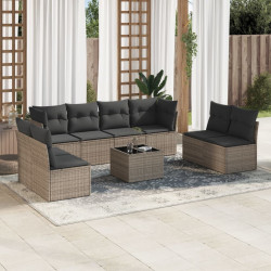 9 Pcs conjunto sofás p/ jardim com almofadões vime PE cinzento