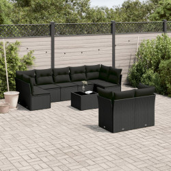 10 Pcs conjunto sofás de jardim c/ almofadões vime PE preto