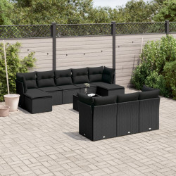11 Pcs conjunto sofás de jardim c/ almofadões vime PE preto
