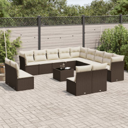 14 Pcs conjunto sofás p/ jardim c/ almofadões vime PE castanho