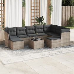 10 Pcs conjunto sofás de jardim c/ almofadões vime PE cinzento