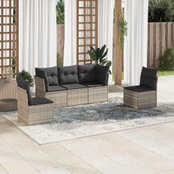 5 Pcs conj. sofás jardim c/ almofadões vime PE cinzento-claro