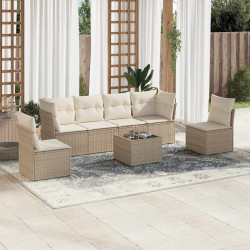 7 Pcs conjunto de sofás p/ jardim com almofadões vime PE bege