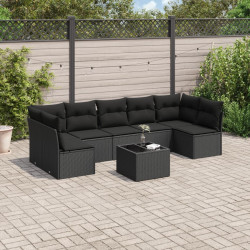 8 Pcs conjunto sofás de jardim com almofadões vime PE preto
