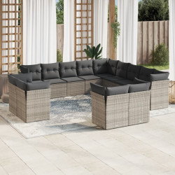 13 Pcs conjunto sofás p/ jardim c/ almofadões vime PE cinzento