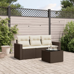 4 Pcs conjunto sofás de jardim c/ almofadões vime PE castanho