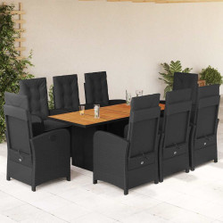9 Pcs conjunto de jantar p/ jardim c/ almofadões vime PE preto