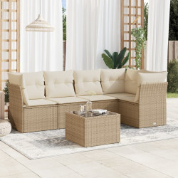 6 Pcs conjunto de sofás p/ jardim com almofadões vime PE bege