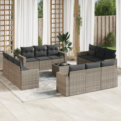 13 Pcs conjunto sofás p/ jardim c/ almofadões vime PE cinzento