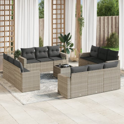 13 Pcs conj. sofás jardim c/ almofadões vime PE cinzento-claro