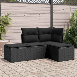 4 Pcs conjunto de sofás para jardim c/ almofadões vime PE preto