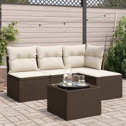 5 Pcs conjunto sofás p/ jardim c/ almofadões vime PE castanho