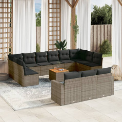 14 Pcs conjunto sofás p/ jardim c/ almofadões vime PE cinzento