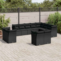 12 Pcs conjunto de sofás de jardim c/ almofadões vime PE preto