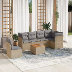 7 Pcs conjunto de sofás p/ jardim com almofadões vime PE bege