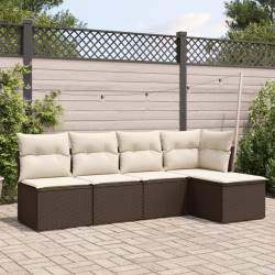 5 Pcs conjunto sofás p/ jardim c/ almofadões vime PE castanho