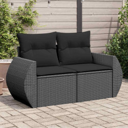 Sofá de jardim com almofadas, 2 lugares, vime sintético preto