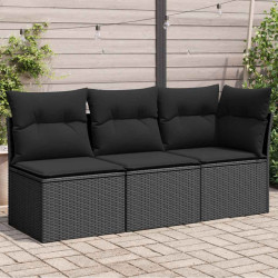 Sofá de jardim com almofadas, 3 lugares, vime sintético preto