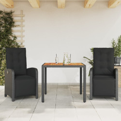 3 Pcs conjunto de bistrô com almofadões vime PE preto