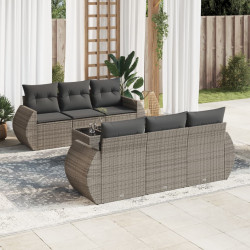 7 Pcs conjunto sofás p/ jardim c/ almofadões vime PE cinzento