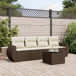 5 Pcs conjunto sofás p/ jardim c/ almofadões vime PE castanho