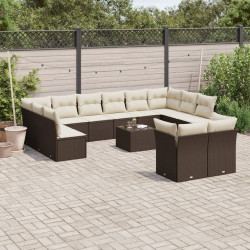 13 Pcs conjunto sofás p/ jardim c/ almofadões vime PE castanho