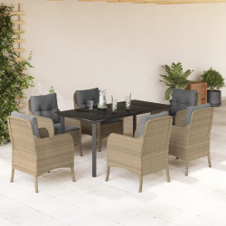 7 Pcs conjunto de jantar p/ jardim com almofadões vime PE bege