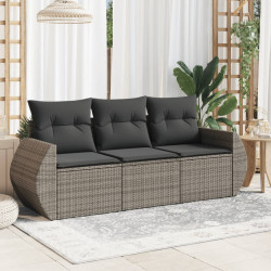 3 Pcs conjunto sofás de jardim c/ almofadões vime PE cinzento