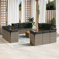 13 Pcs conjunto sofás p/ jardim c/ almofadões vime PE cinzento