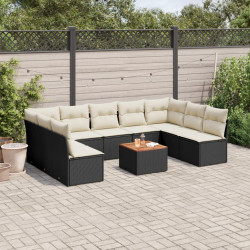 10 Pcs conjunto sofás de jardim c/ almofadões vime PE preto