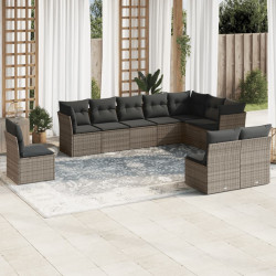 10 Pcs conjunto sofás de jardim c/ almofadões vime PE cinzento
