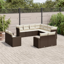 11 Pcs conjunto sofás de jardim c/ almofadões vime PE castanho