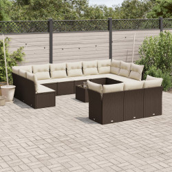14 Pcs conjunto sofás p/ jardim c/ almofadões vime PE castanho