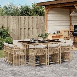 11 Pcs conjunto de jantar p/ jardim com almofadões vime PE bege
