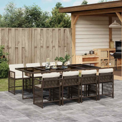 9 Pcs conjunto jantar p/ jardim c/ almofadões vime PE castanho