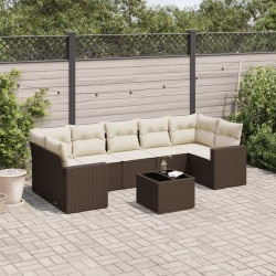 8 Pcs conjunto sofás de jardim c/ almofadões vime PE castanho