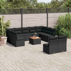 12 Pcs conjunto de sofás de jardim c/ almofadões vime PE preto