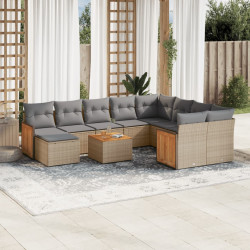 11 Pcs conjunto sofás de jardim c/ almofadões vime PE bege