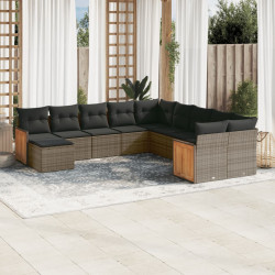 11 Pcs conjunto sofás de jardim c/ almofadões vime PE cinzento