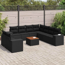 10 Pcs conjunto sofás de jardim c/ almofadões vime PE preto