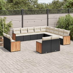 13 Pcs conjunto de sofás de jardim com almofadões vime PE preto