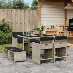 9 Pcs conjunto de jantar p/ jardim c/ almofadões cinzento claro