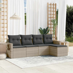 5 Pcs conj. sofás jardim c/ almofadões vime PE cinzento-claro