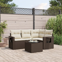 5 Pcs conjunto sofás p/ jardim c/ almofadões vime PE castanho