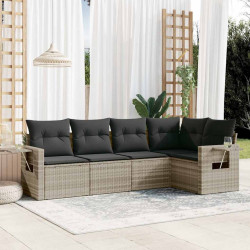 5 Pcs conj. sofás jardim c/ almofadões vime PE cinzento-claro