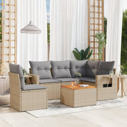6 Pcs conj. sofás jardim c/ almofadões vime PE bege misturado