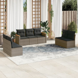 7 Pcs conjunto sofás p/ jardim c/ almofadões vime PE cinzento