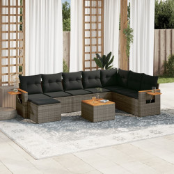 9 Pcs conjunto sofás p/ jardim com almofadões vime PE cinzento